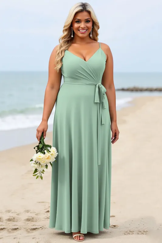 Sage Green Plus Size Chiffon Spaghetti Straps Long Bridesmaid Dress sold by Zapaka