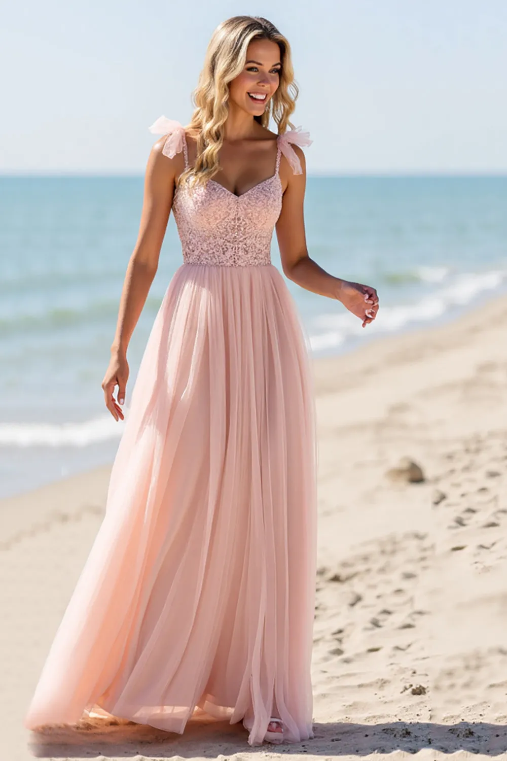 Blush A Line Tulle Spaghetti Straps Long Bridesmaid Dress with Appliques sold by Zapaka product image thumbnail 3