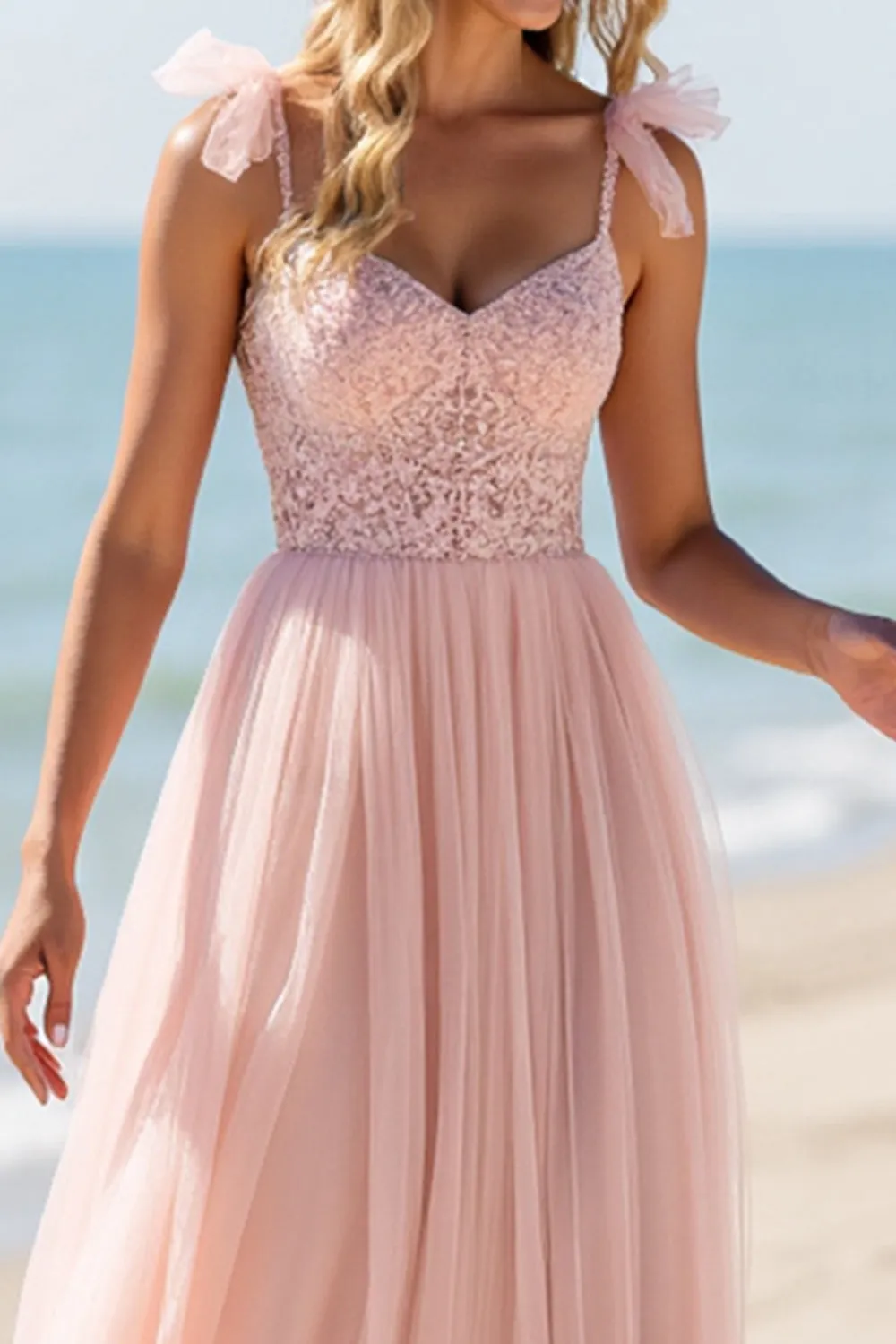 Blush A Line Tulle Spaghetti Straps Long Bridesmaid Dress with Appliques sold by Zapaka product image thumbnail 4