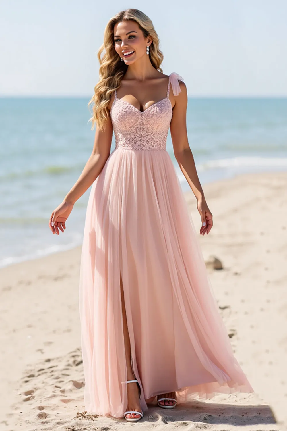 Blush A Line Tulle Spaghetti Straps Long Bridesmaid Dress with Appliques sold by Zapaka