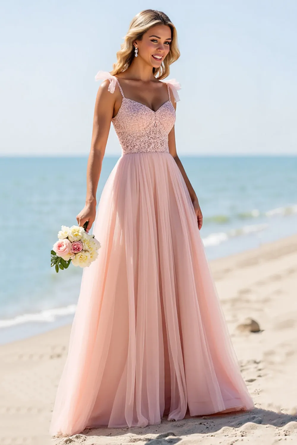 Blush A Line Tulle Spaghetti Straps Long Bridesmaid Dress with Appliques sold by Zapaka product image thumbnail 2