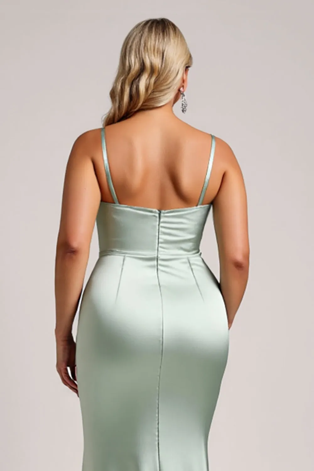 Sage Green Plus Size Satin Long Bridesmaid Dress with Slit sold by Zapaka product image thumbnail 4