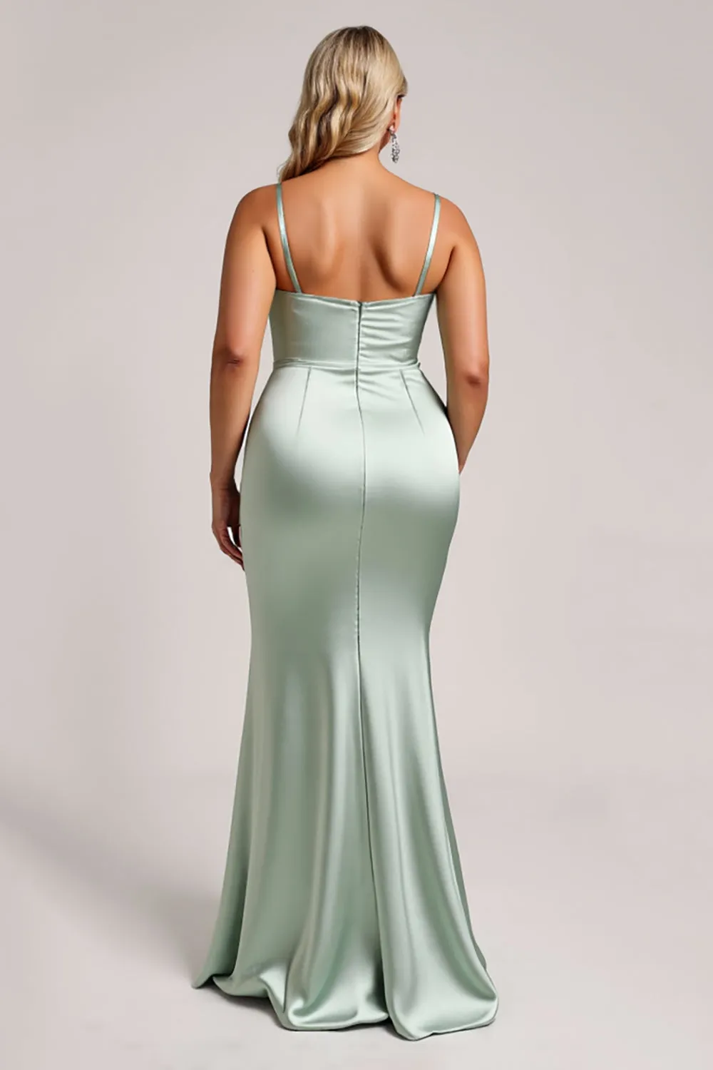 Sage Green Plus Size Satin Long Bridesmaid Dress with Slit sold by Zapaka product image thumbnail 2