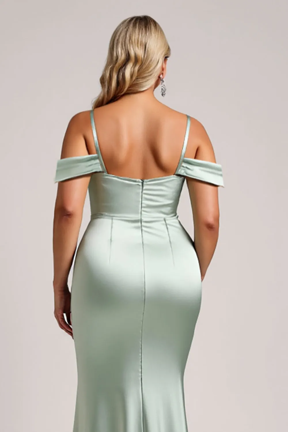 Sage Green Off the Shoulder Satin Long Bridesmaid Dress with Slit sold by Zapaka product image thumbnail 4