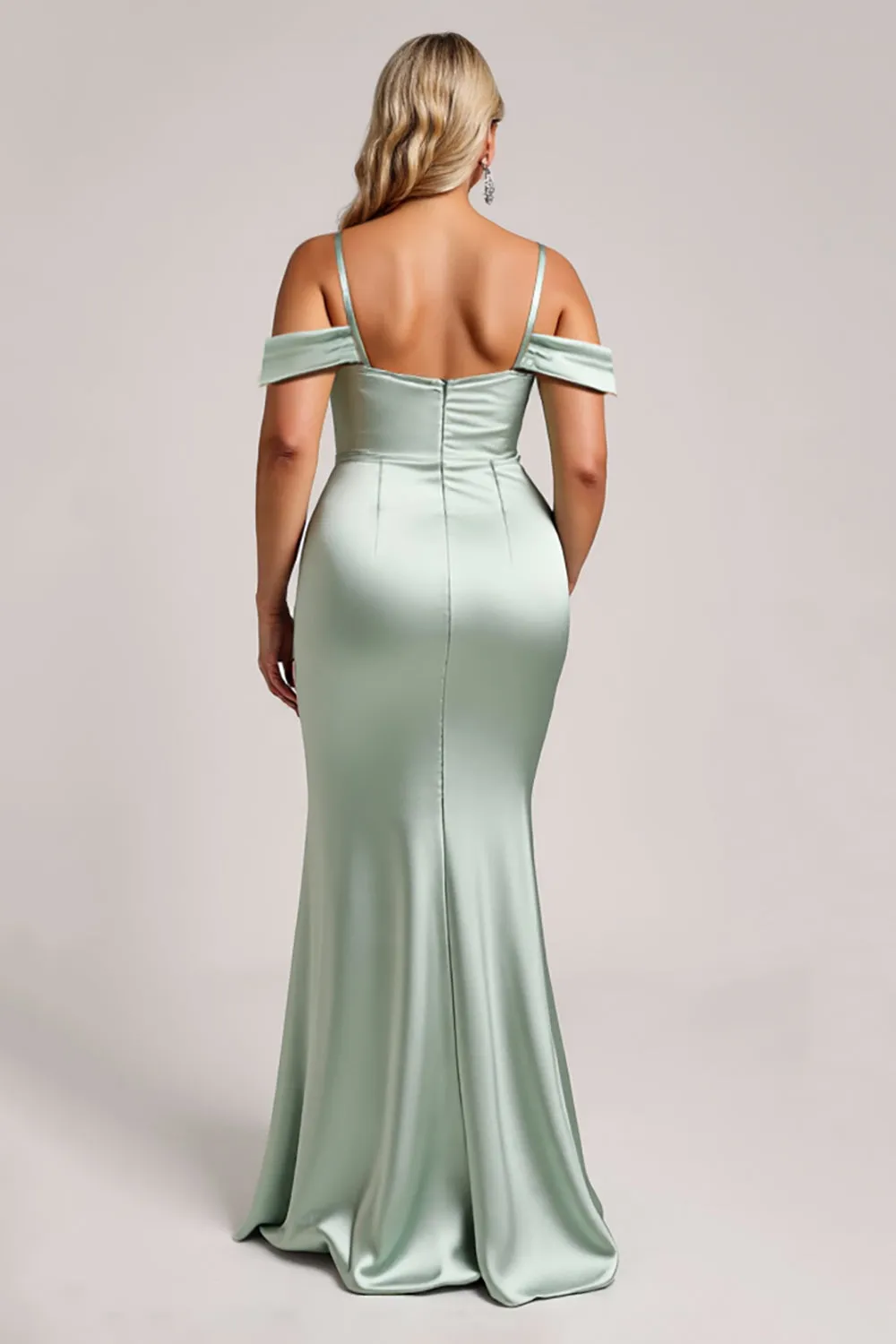 Sage Green Off the Shoulder Satin Long Bridesmaid Dress with Slit sold by Zapaka product image thumbnail 2
