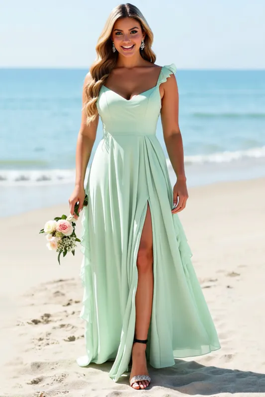 Mint Green Chiffon Plus Size Spaghetti Straps Long Bridesmaid Dress sold by Zapaka