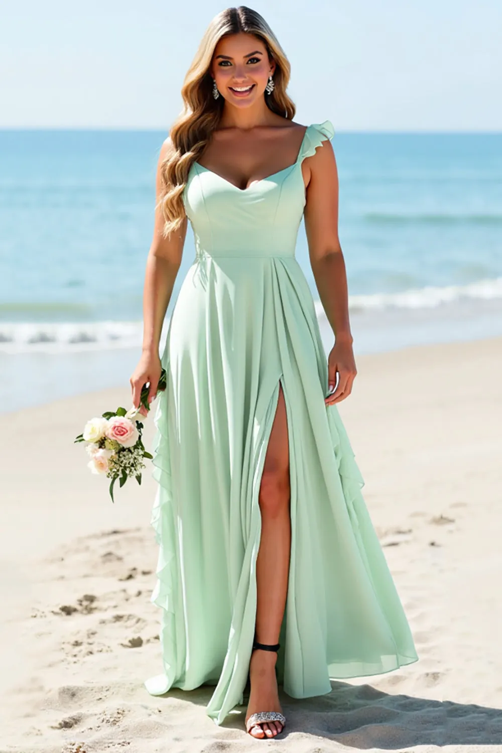 Mint Green Chiffon Plus Size Spaghetti Straps Long Bridesmaid Dress sold by Zapaka