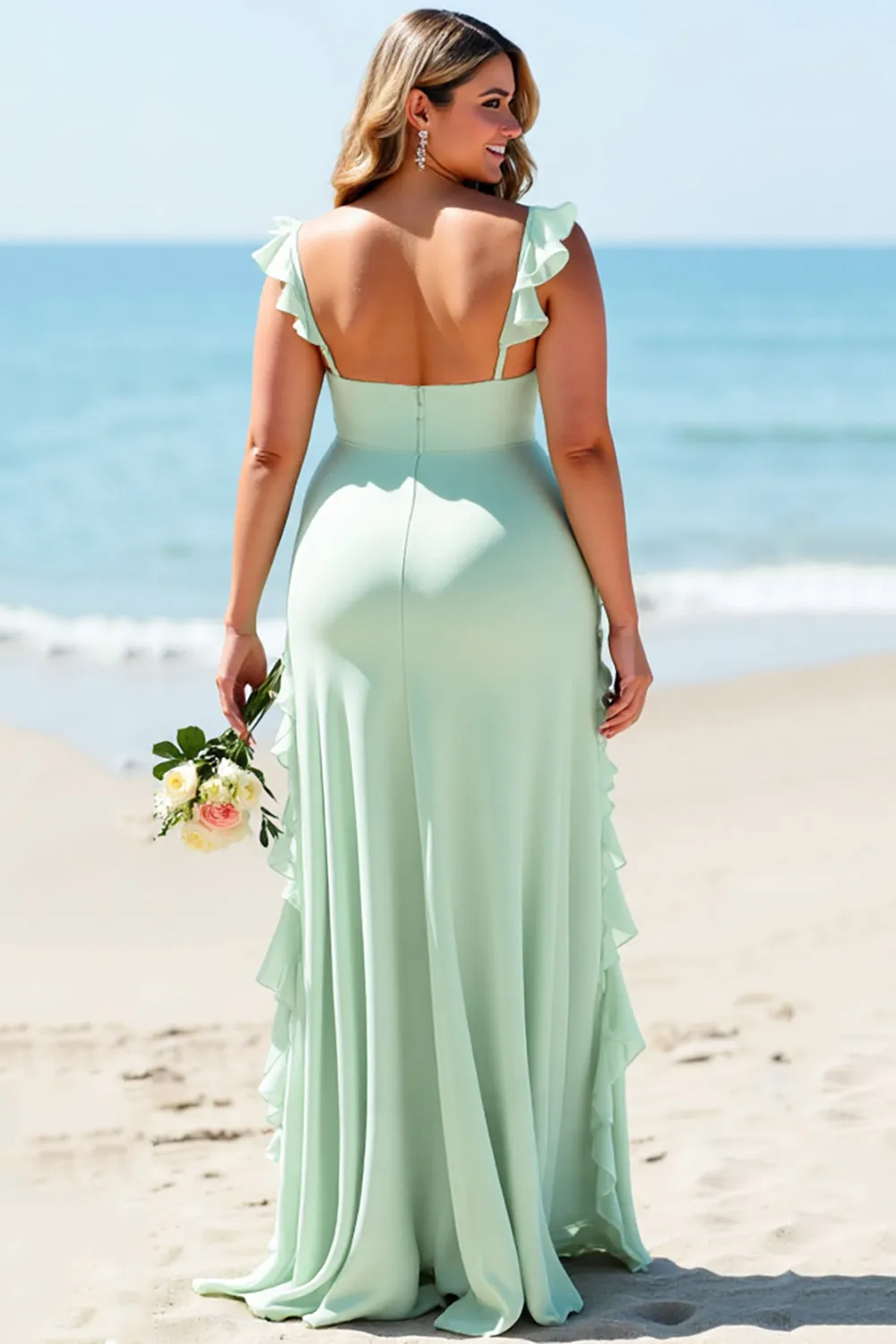 Mint Green Chiffon Plus Size Spaghetti Straps Long Bridesmaid Dress sold by Zapaka product image thumbnail 2