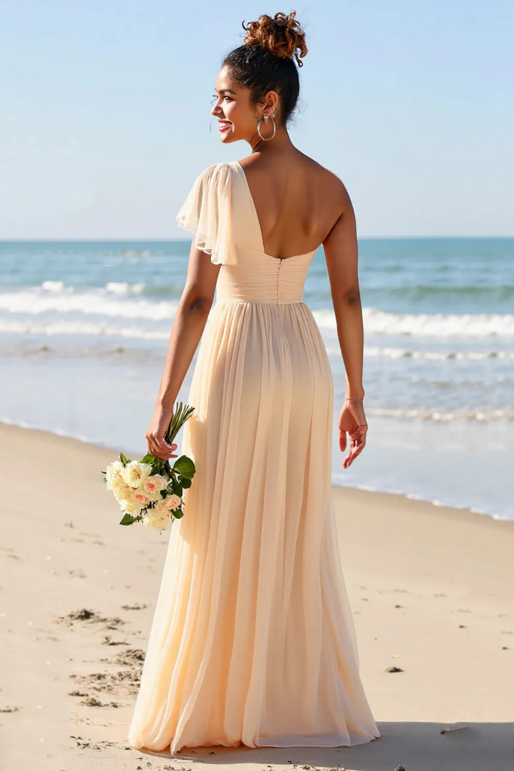 Apricot Chiffon One Shoulder A Line Long Bridesmaid Dress sold by Zapaka product image thumbnail 2