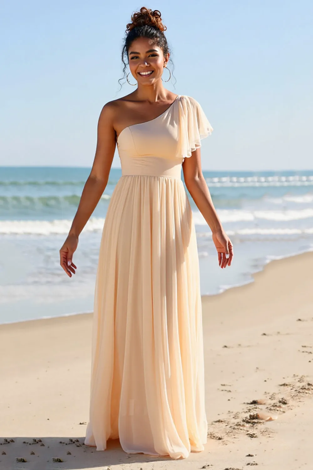 Apricot Chiffon One Shoulder A Line Long Bridesmaid Dress sold by Zapaka product image thumbnail 3