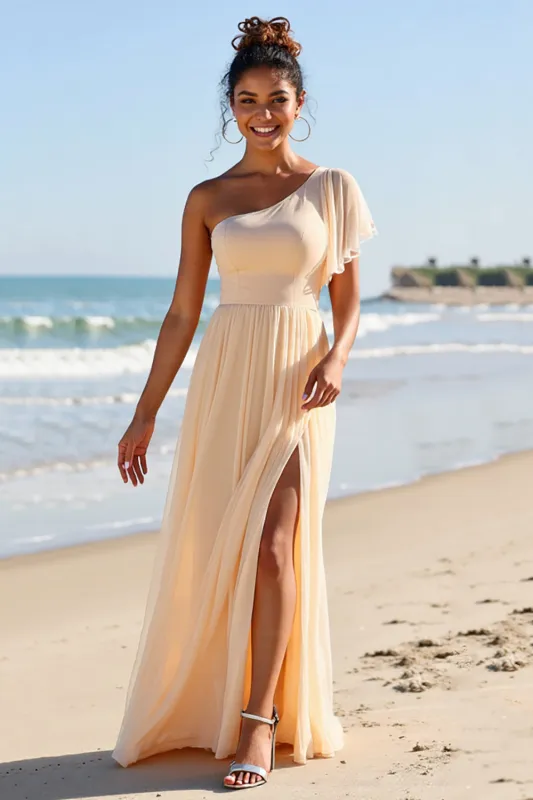 Apricot Chiffon One Shoulder A Line Long Bridesmaid Dress sold by Zapaka