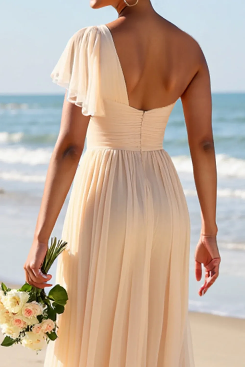 Apricot Chiffon One Shoulder A Line Long Bridesmaid Dress sold by Zapaka product image thumbnail 5