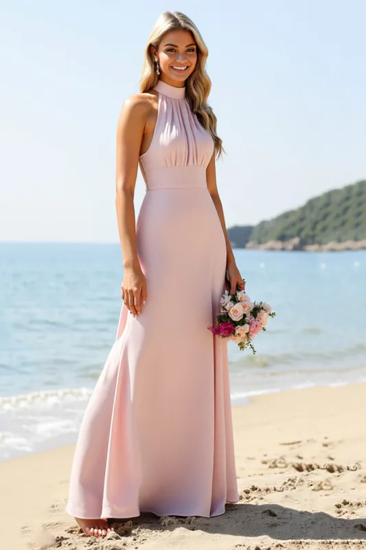 Candy Pink Halter Long Bridesmaid Dress sold by Zapaka