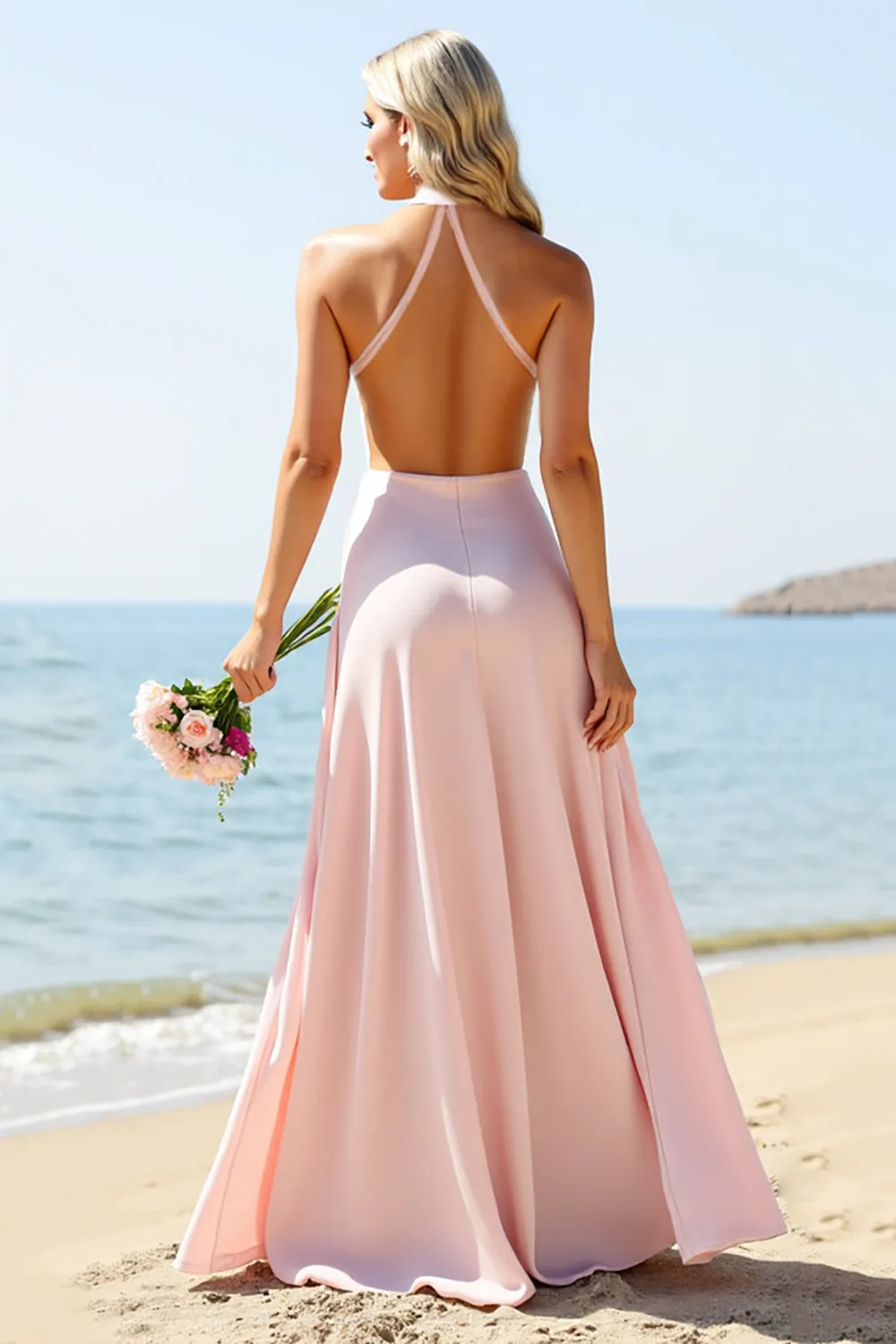 Candy Pink Halter Long Bridesmaid Dress sold by Zapaka product image thumbnail 2