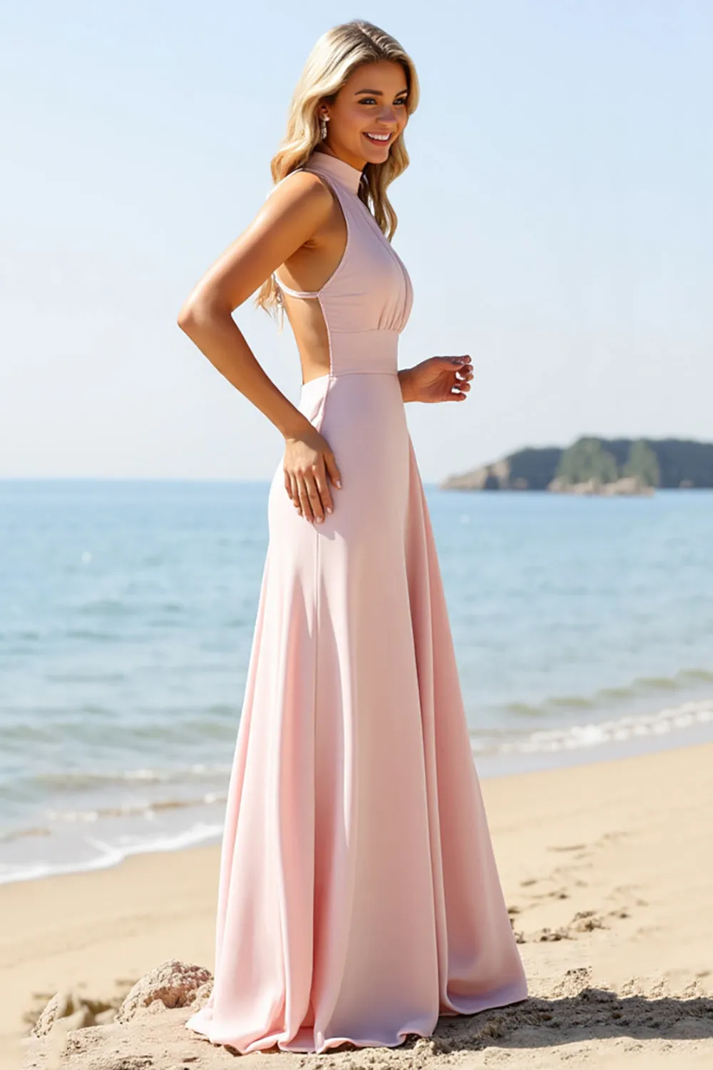 Candy Pink Halter Long Bridesmaid Dress sold by Zapaka product image thumbnail 3