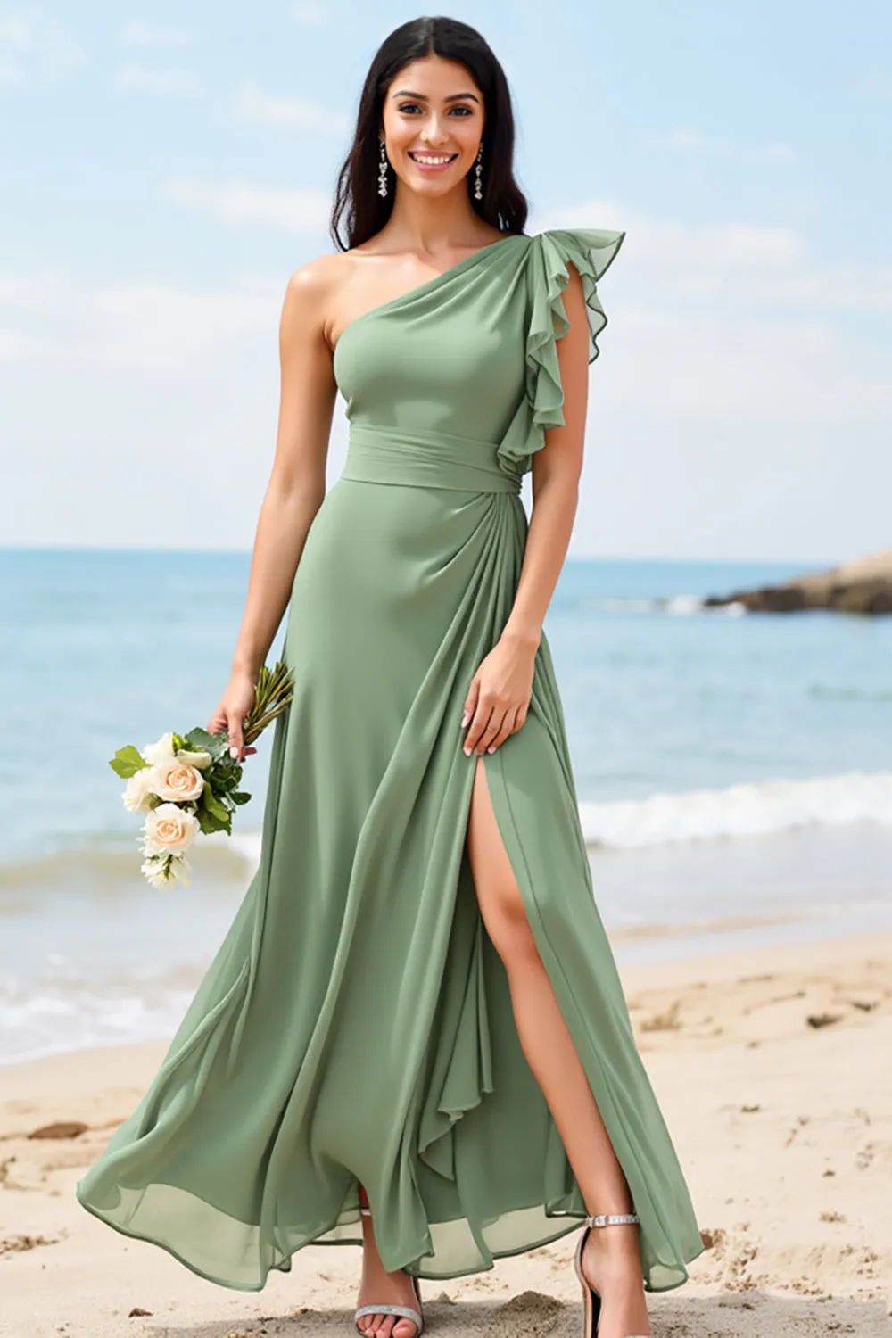 One Shoulder Chiffon Dusty Sage A Line Bridesmaid Dress sold by Zapaka