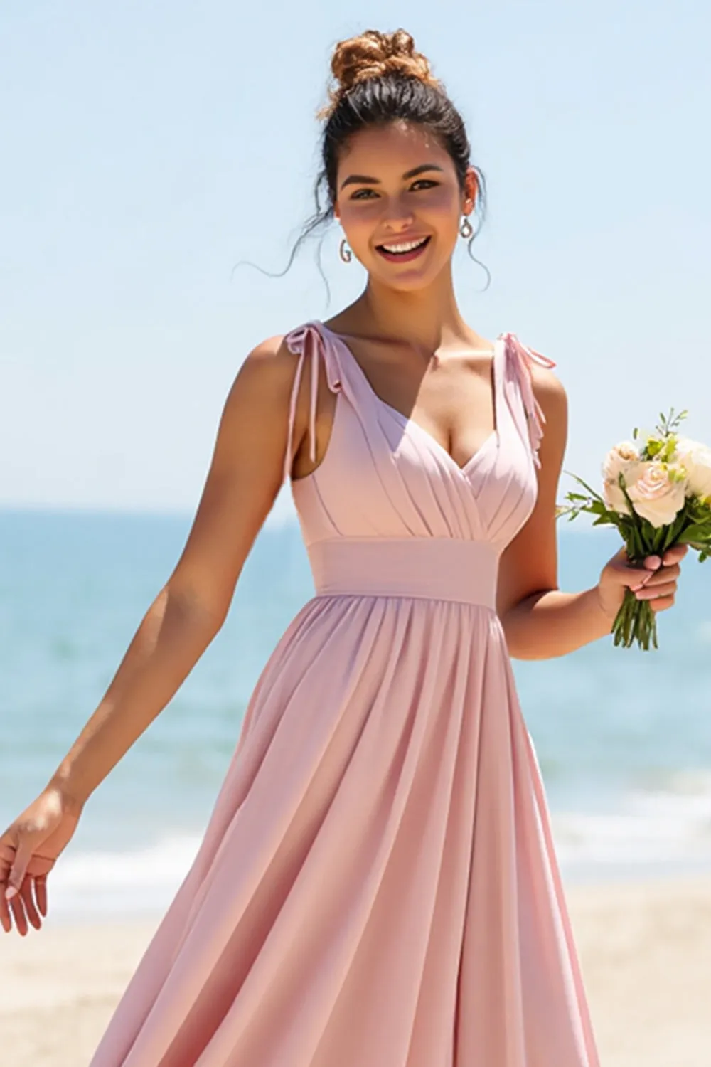 Candy Pink A Line V-Neck Chiffon Bridesmaid Dress sold by Zapaka product image thumbnail 3