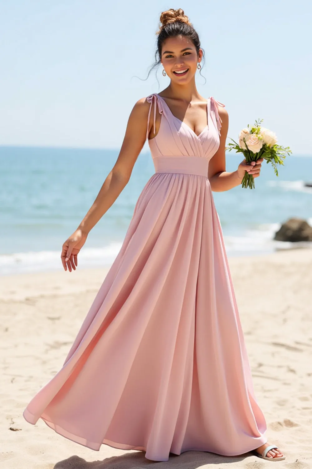 Candy Pink A Line V-Neck Chiffon Bridesmaid Dress sold by Zapaka