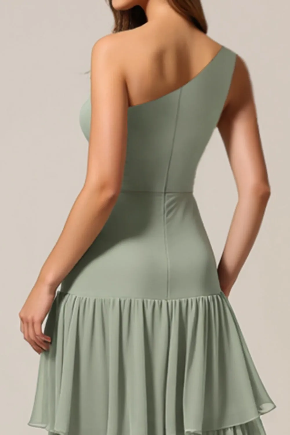 One Shoulder Sage Green A Line Tiered Bridesmaid Dress sold by Zapaka product image thumbnail 4