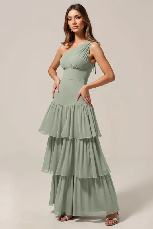 One Shoulder Sage Green A Line Tiered Bridesmaid Dress sold by Zapaka