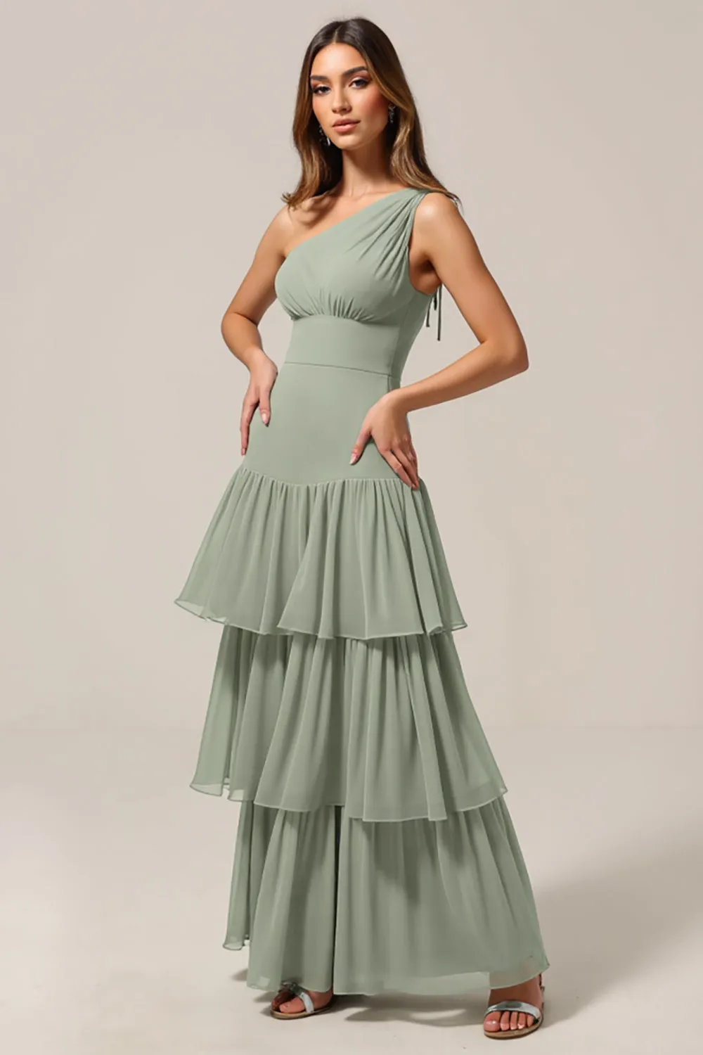 One Shoulder Sage Green A Line Tiered Bridesmaid Dress sold by Zapaka
