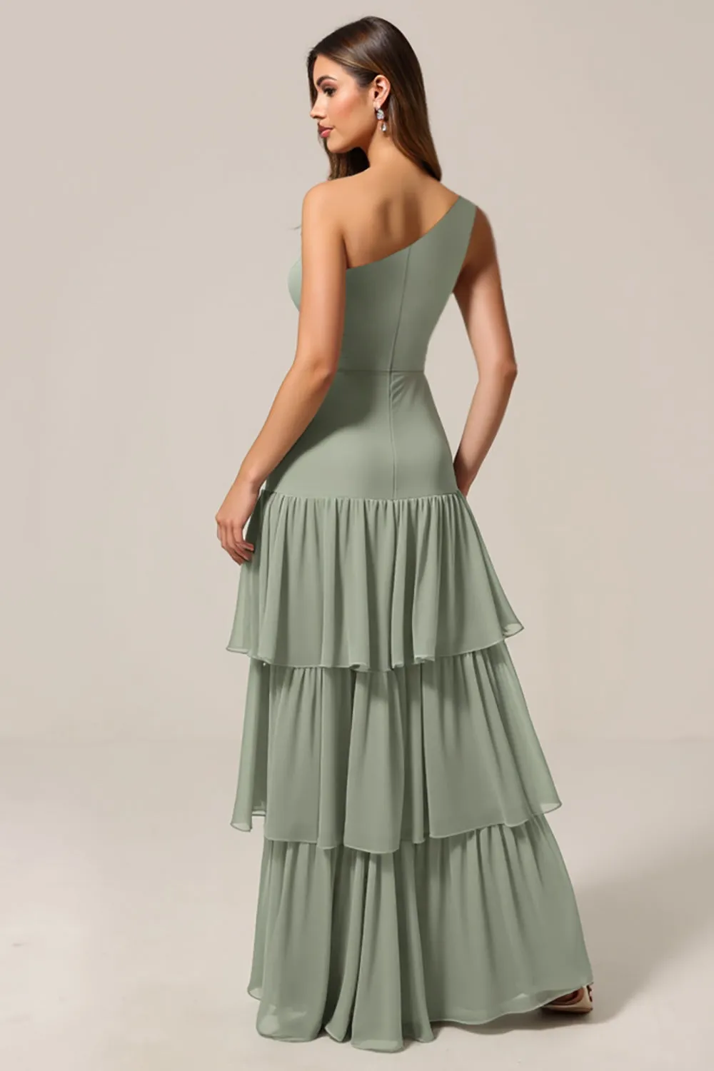 One Shoulder Sage Green A Line Tiered Bridesmaid Dress sold by Zapaka product image thumbnail 2