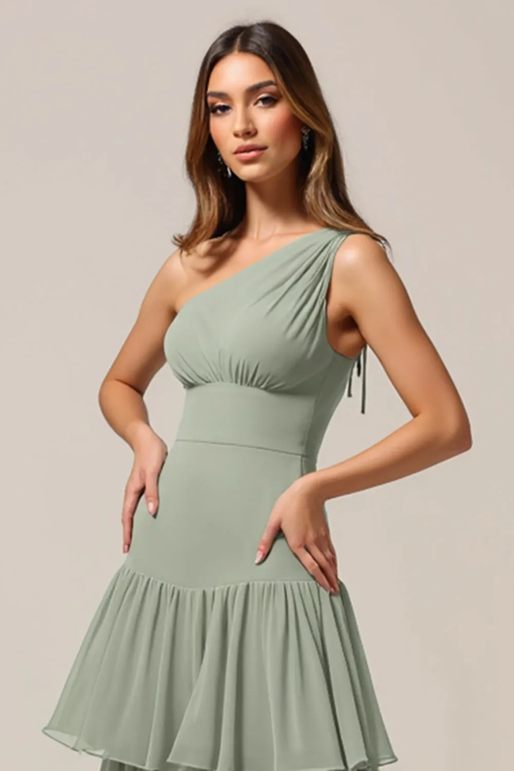 One Shoulder Sage Green A Line Tiered Bridesmaid Dress sold by Zapaka product image thumbnail 3