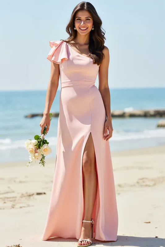 Blush A Line One Shouolder Bridesmaid Dress With Slit sold by Zapaka