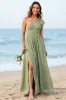 One Shoulder Dusty Sage A Line Bridesmaid Dress With Slit sold by Zapaka
