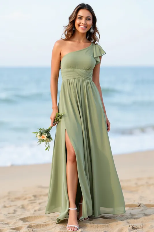 One Shoulder Dusty Sage A Line Bridesmaid Dress With Slit sold by Zapaka