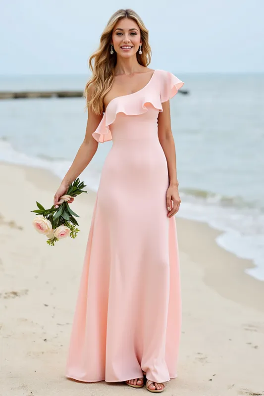 Chiffon One Shoulder A Line Candy Pink Bridesmaid Dress With Ruffles sold by Zapaka