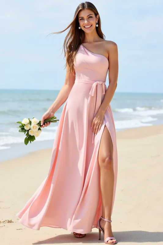 One Shoulder Candy Pink A Line Bridesmaid Dress With Slit sold by Zapaka