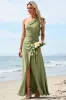 One Shoulder A Line Dusty Sage Bridesmaid Dress With Slit sold by Zapaka