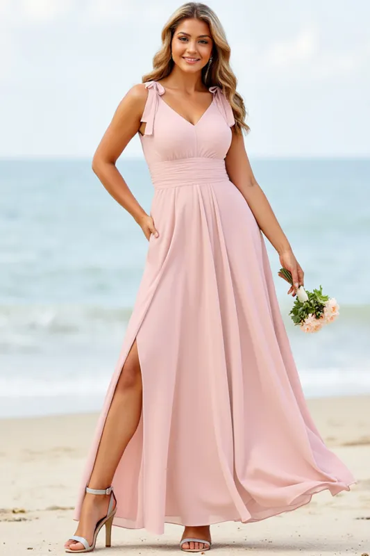 Chiffon A Line Cindy Pink Bridesmaid Dress With Slit sold by Zapaka