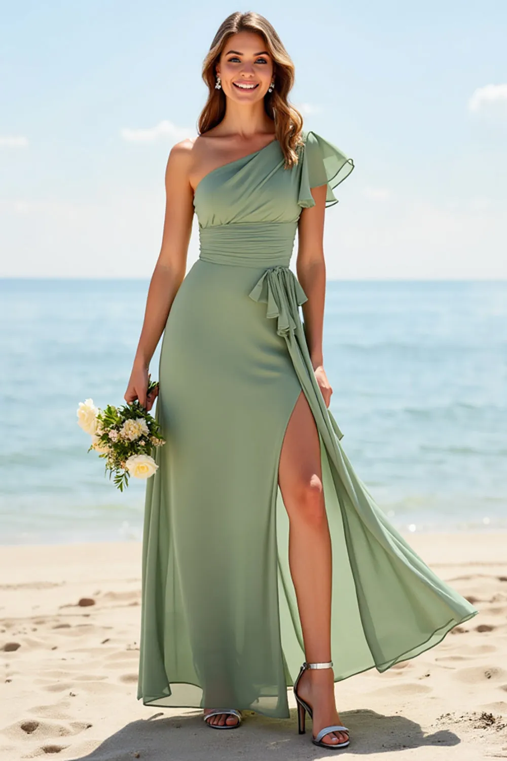 One Shoulder A Line Chiffon Dusty Sage Bridesmaid Dress sold by Zapaka