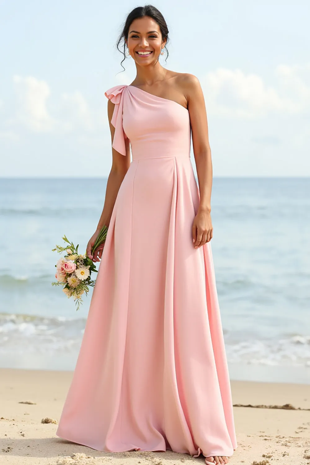 One Shoulder A Line Blush Chiffon Bridesmaid Dress sold by Zapaka product image thumbnail 2