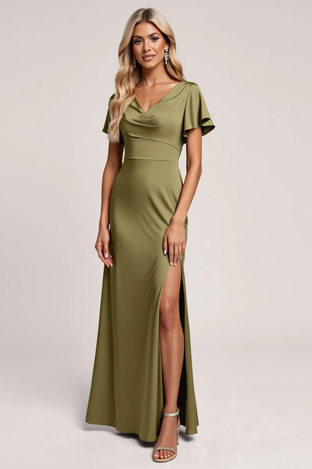 Olive V Neck Bridesmaid Dress with Slit sold by Zapaka