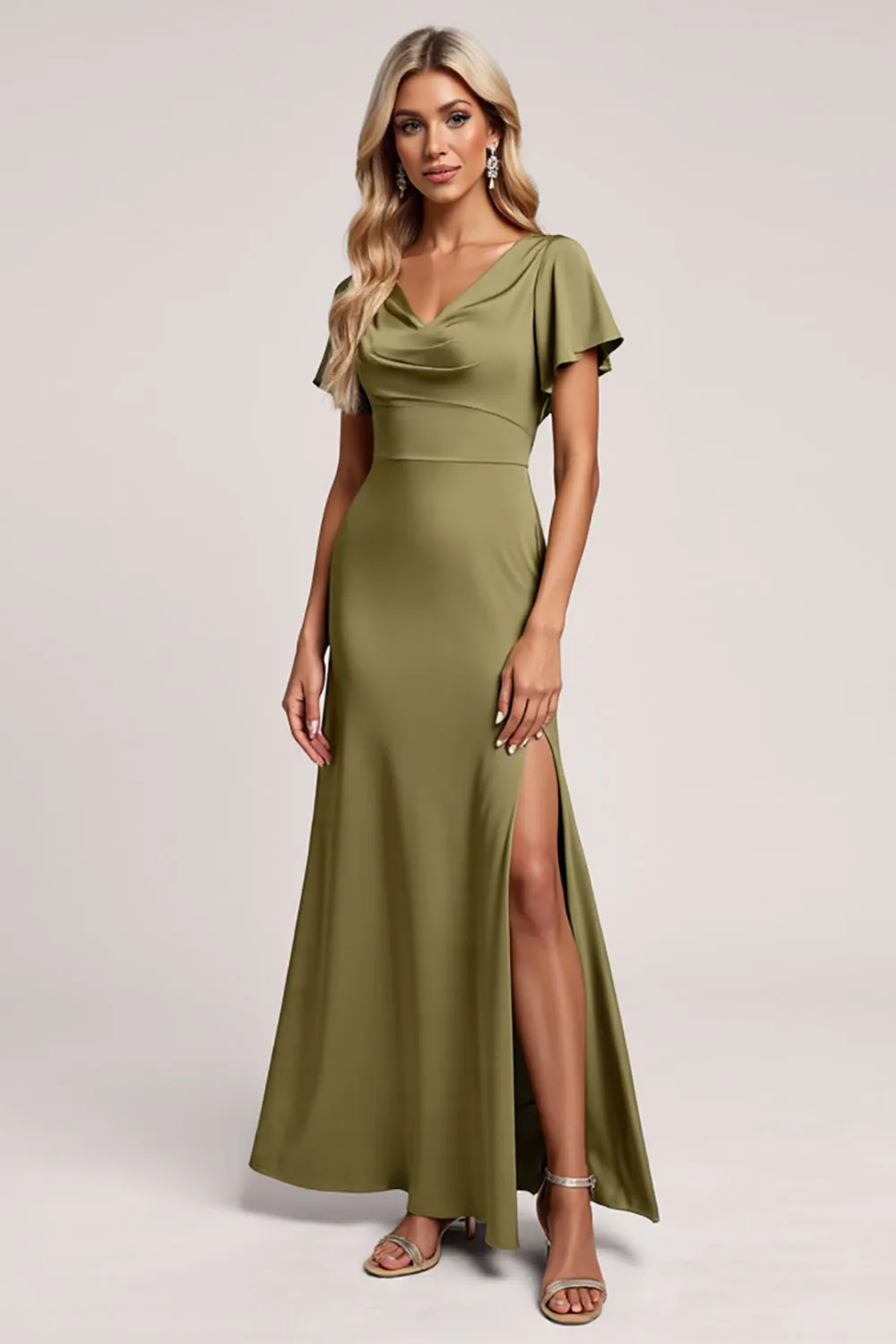 Olive V Neck Bridesmaid Dress with Slit sold by Zapaka product image thumbnail 2