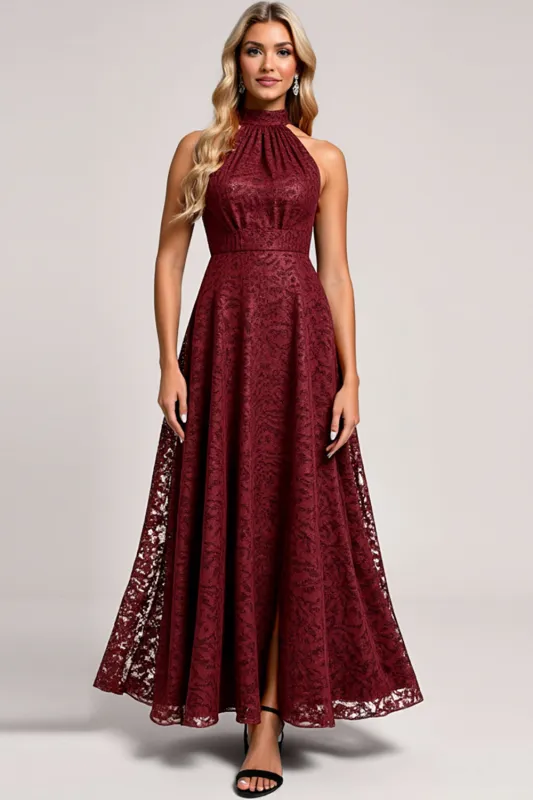 Halter Cabernet A Line Lace Bridesmaid Dress sold by Zapaka
