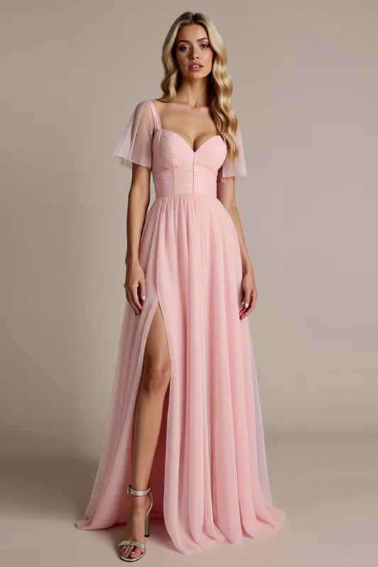 Candy Pink A Line Bridesmaid Dress with Short Sleeves sold by Zapaka