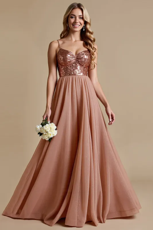Sparkly Dusty Rose Spaghetti Straps A Line Bridesmaid Dress sold by Zapaka
