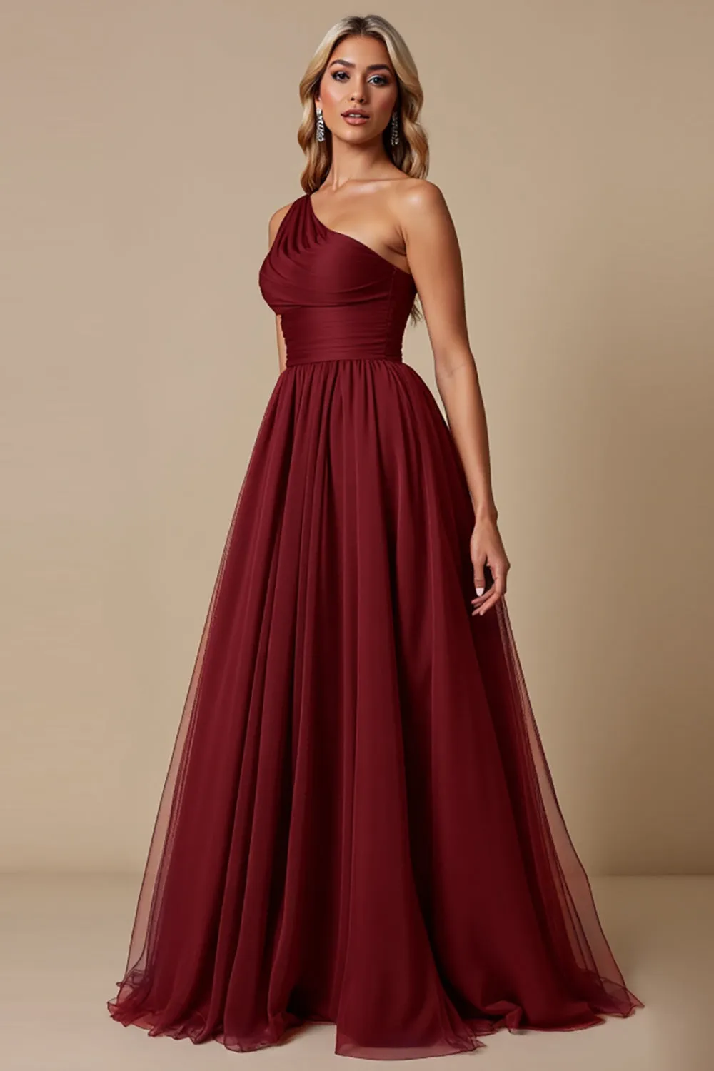 One Shoulder Tulle Red A Line Bridesmaid Dress sold by Zapaka product image thumbnail 3
