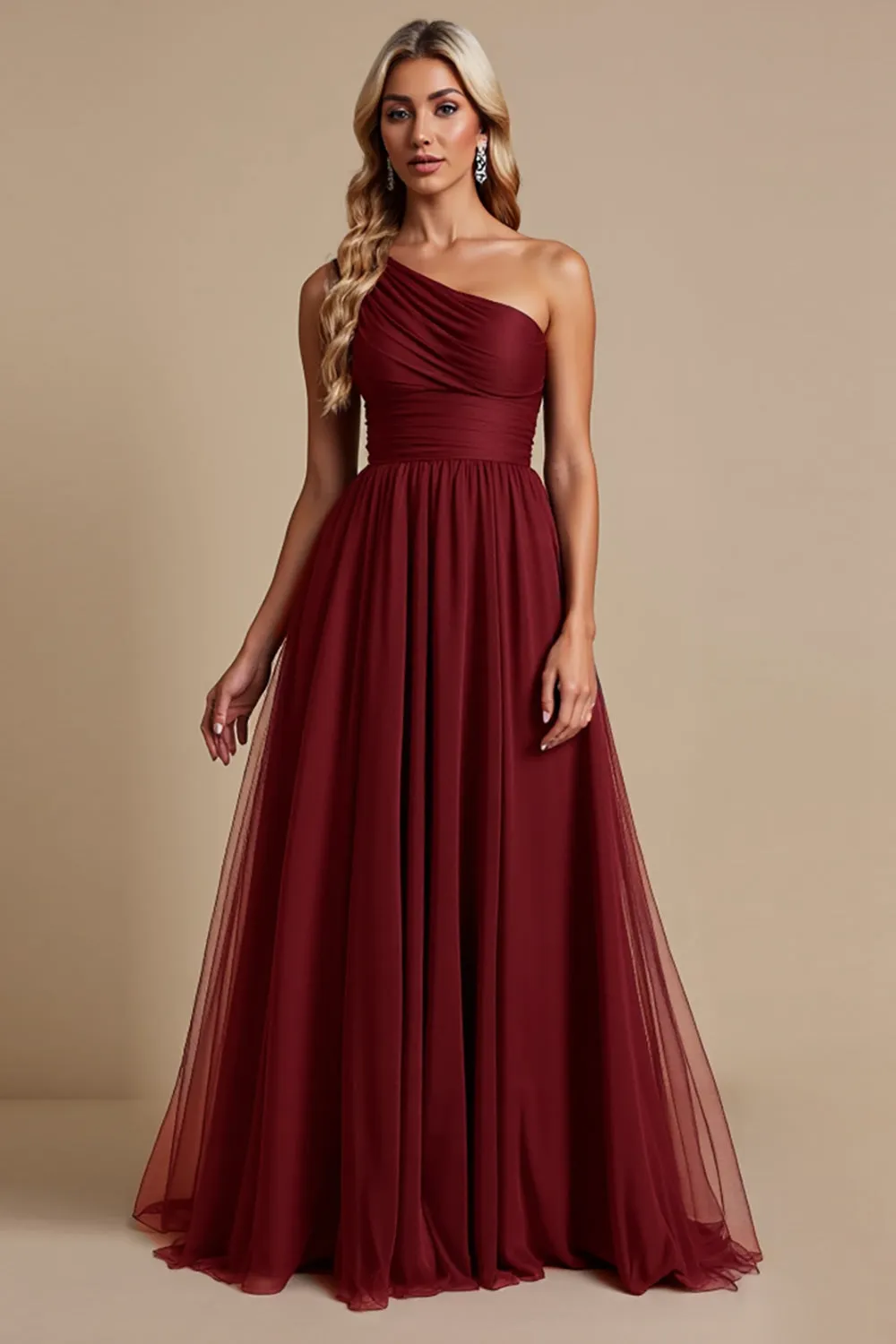 One Shoulder Tulle Red A Line Bridesmaid Dress sold by Zapaka