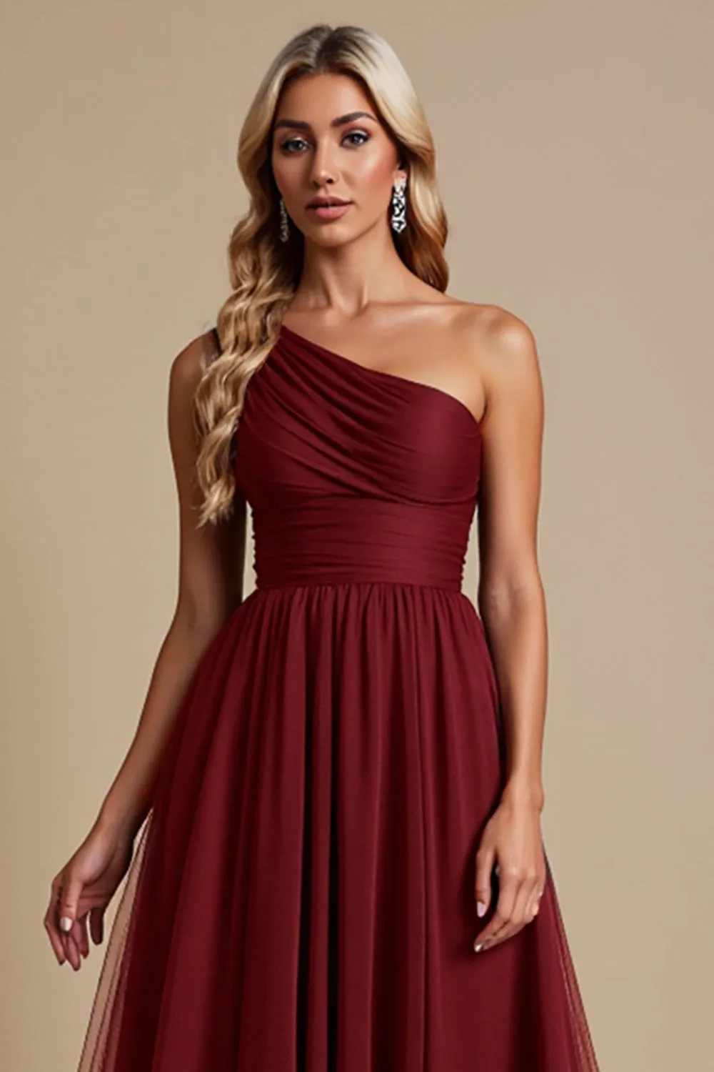 One Shoulder Tulle Red A Line Bridesmaid Dress sold by Zapaka product image thumbnail 4