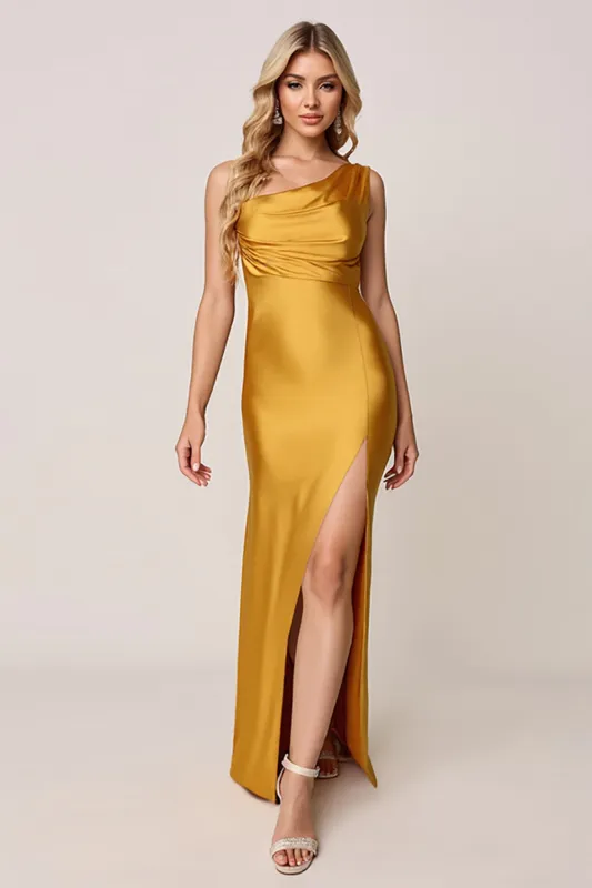 One Shoulder Sheath Gold Satin Bridesmaid Dress sold by Zapaka