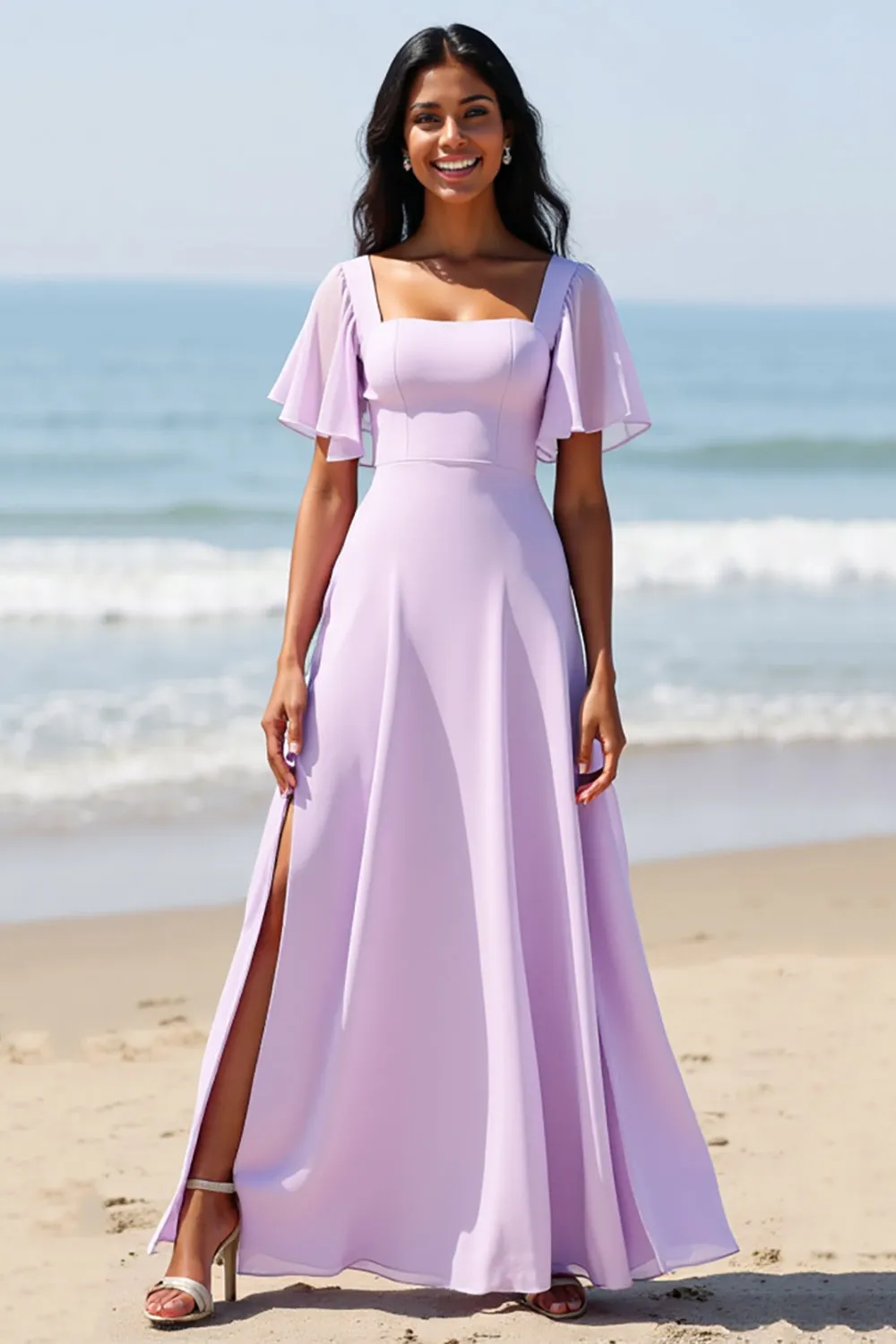 Lilac Chiffon A Line Long Bridesmaid Dress sold by Zapaka product image thumbnail 3