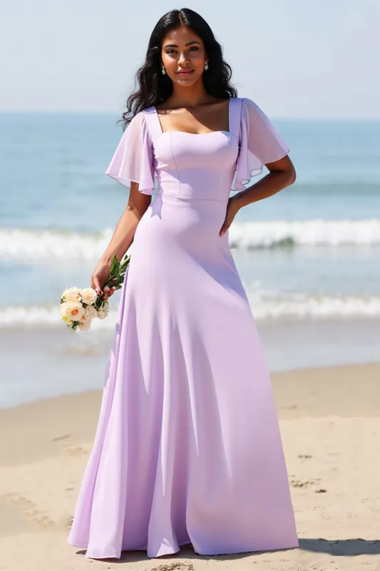 Lilac Chiffon A Line Long Bridesmaid Dress sold by Zapaka
