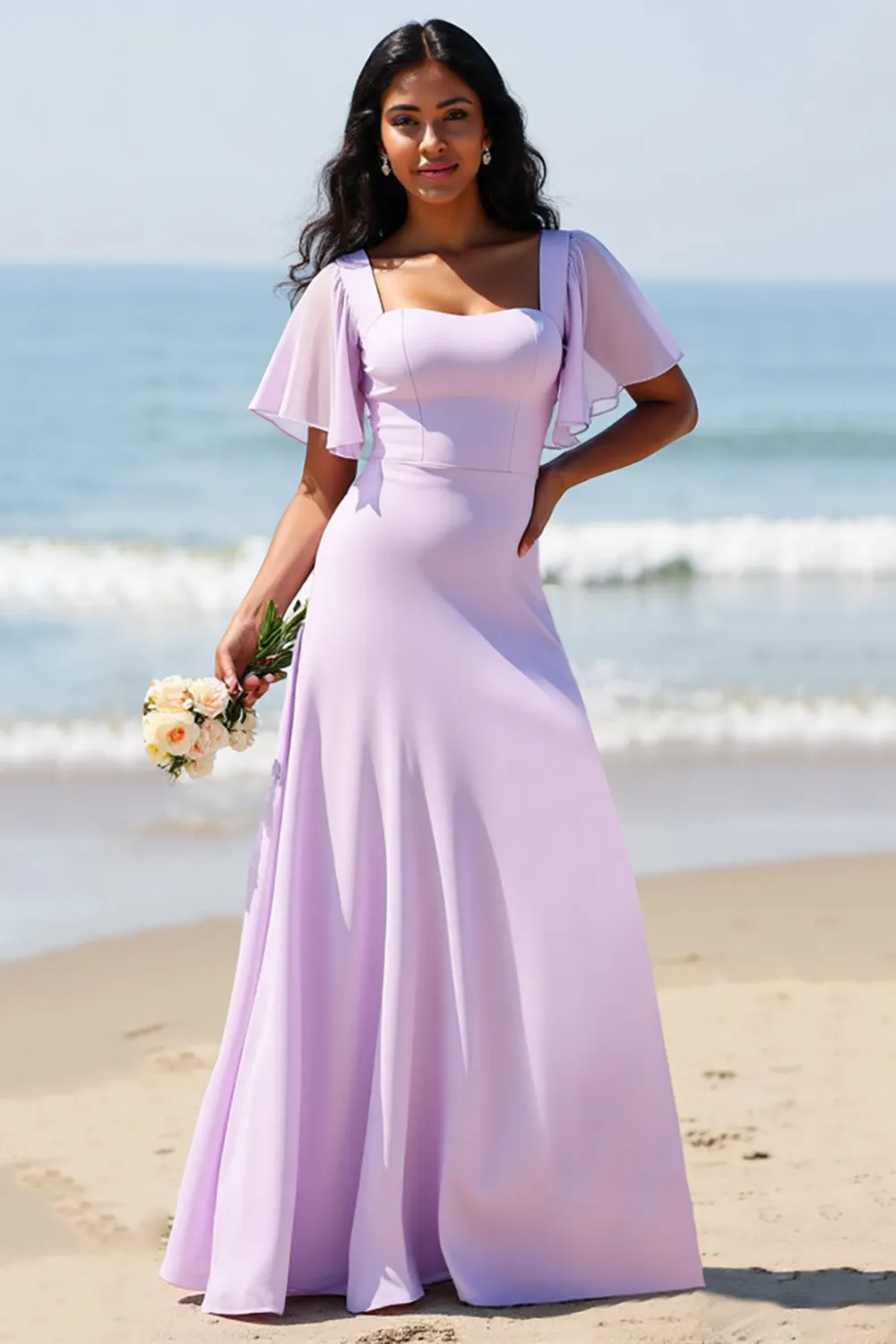Lilac Chiffon A Line Long Bridesmaid Dress sold by Zapaka