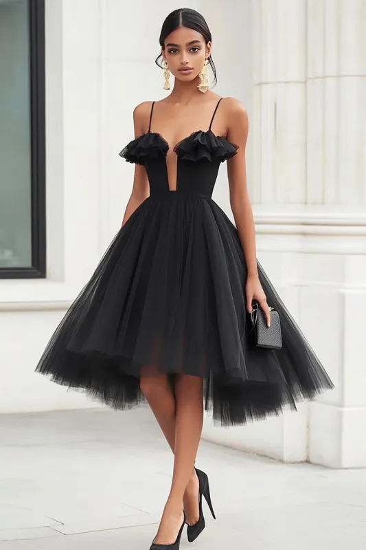 Tulle Black A Line Short Cocktail Dress with Ruffles sold by Zapaka