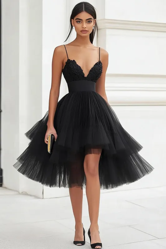 Black Tulle A Line Spaghetti Straps Short Cocktail Dress sold by Zapaka